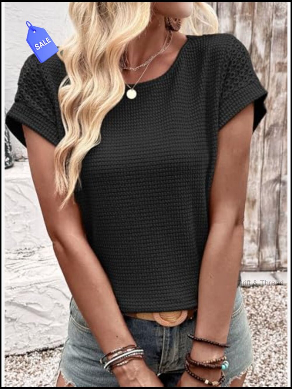 Waffle Knit Lace Sleeve T-Shirt Crewneck Summer Top Loose Fit Blouse - Picture 4 of 7